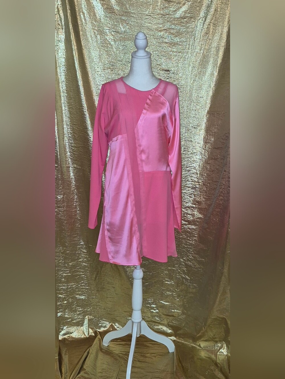 Topshop Pink Patchwork Satin and Silk Long Sleeve Dress